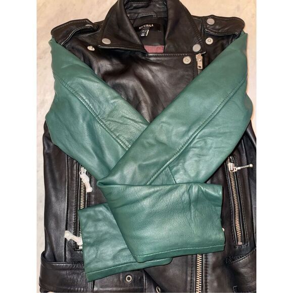 Muubaa Womens 100% Lamb Leather Jacket Size 2   Taimar Black/Hunter Green Leathe - Picture 13 of 13